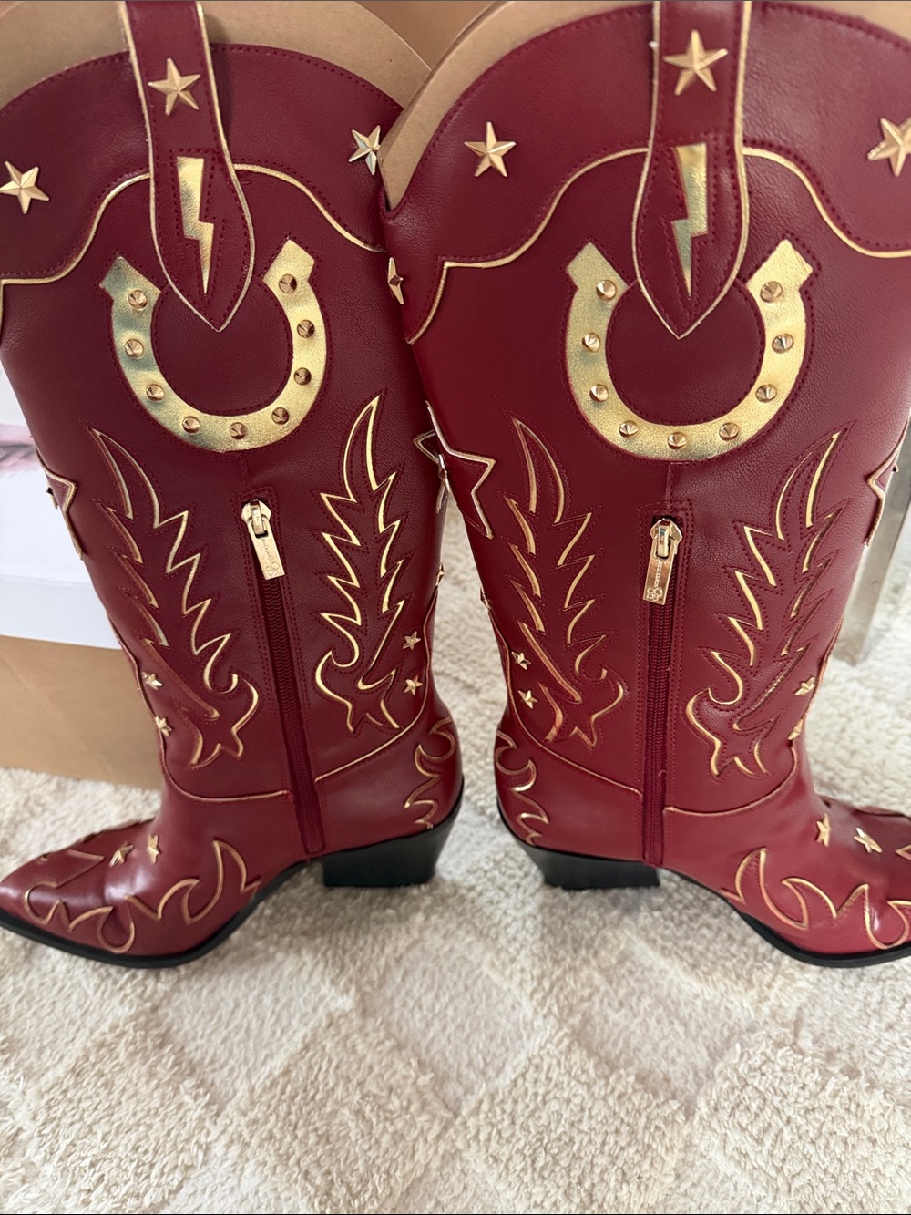Jessica Simpson Red Western Heeled Cowboy Boots with Gold Accents - Picture 4 of 5